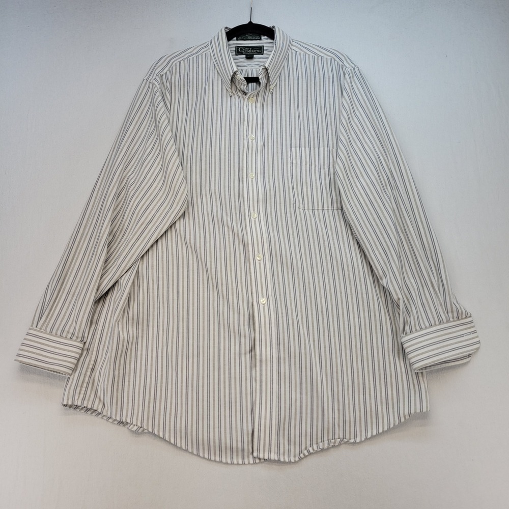 Croft & Barrow Button Down Mens 17.5 34/35 White Tan Blue Striped Oxford Shirt